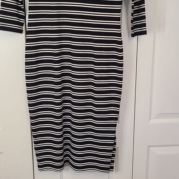 Ann Taylor Black White Striped Midi Length Dress Size S Career Office 3/4 Sleeve - Picture 4 of 13